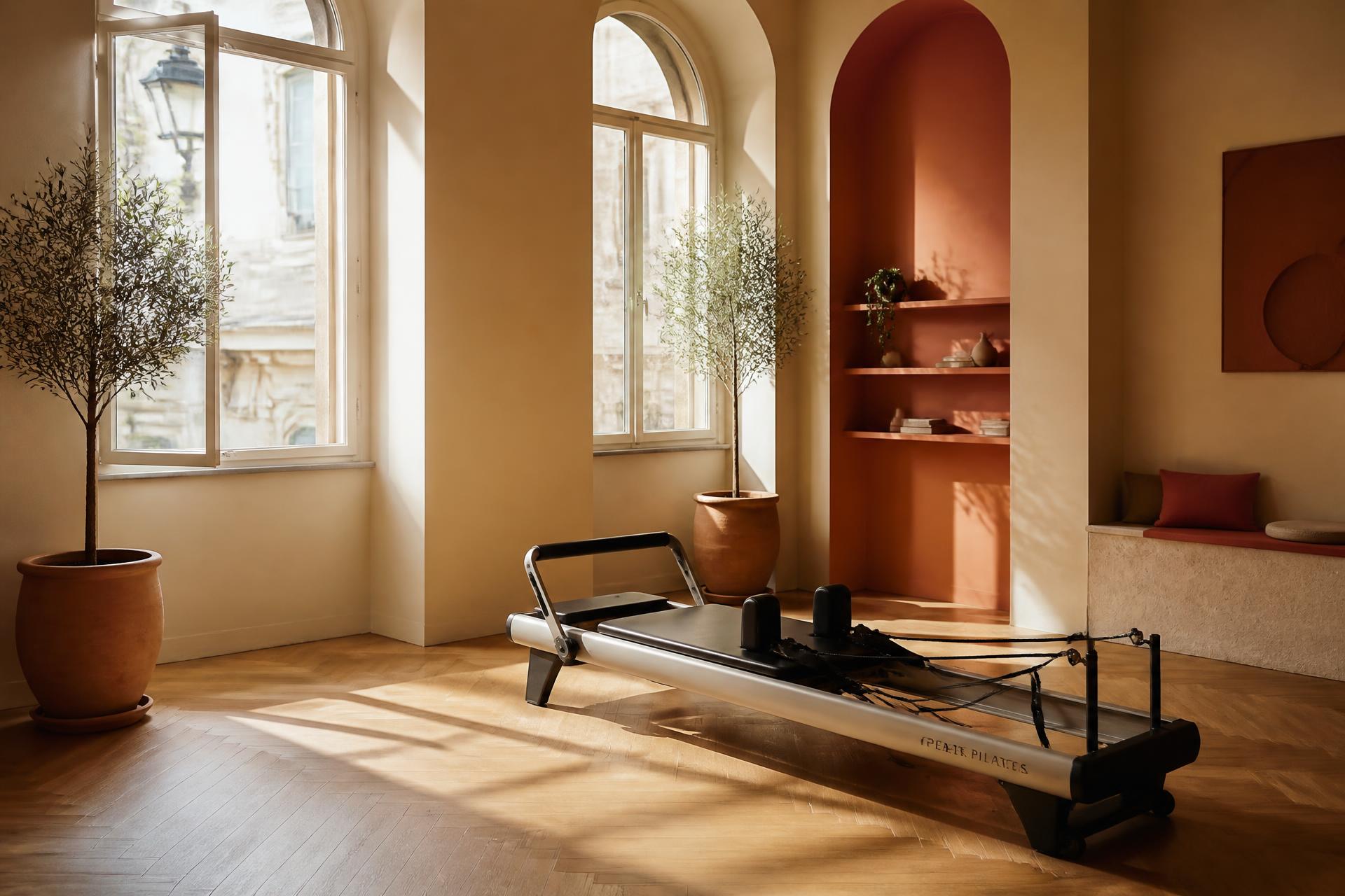 Boutique Pilates studio interior with a reformer machine, warm cream walls, arched windows and terracotta accents