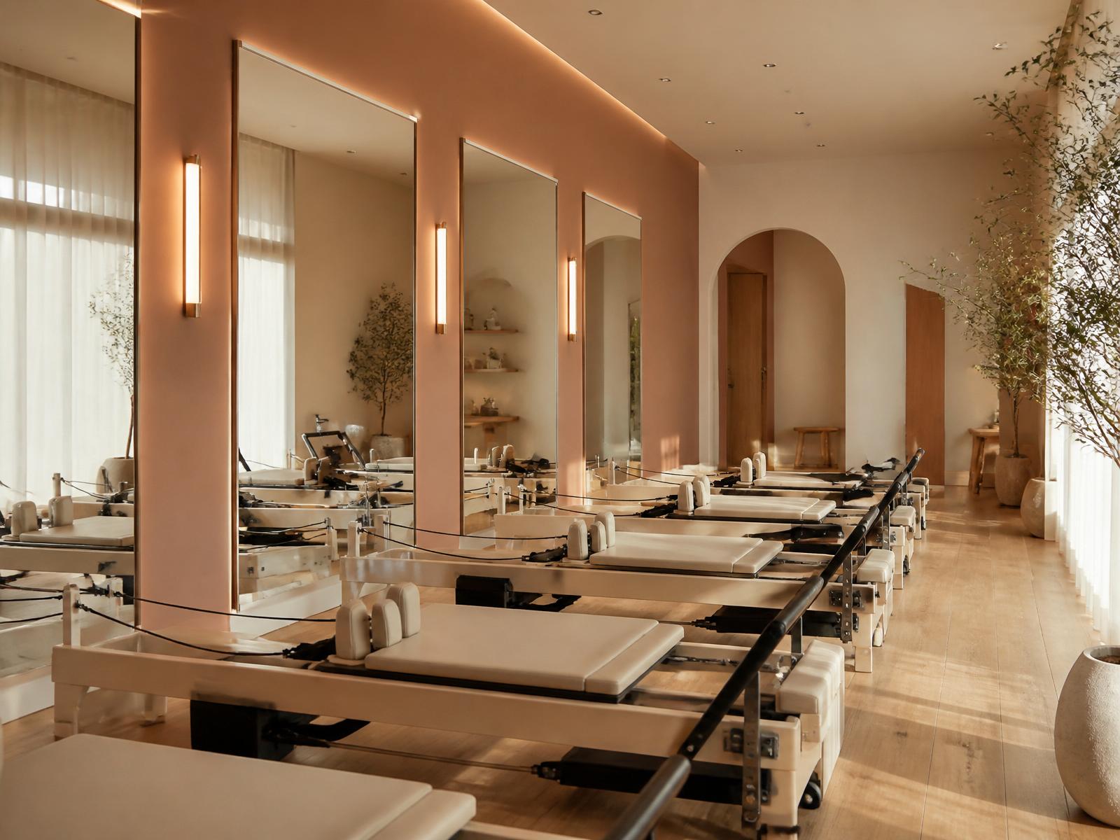 Row of reformer machines along a wall of full-length mirrors in a warm cream studio with oak floors